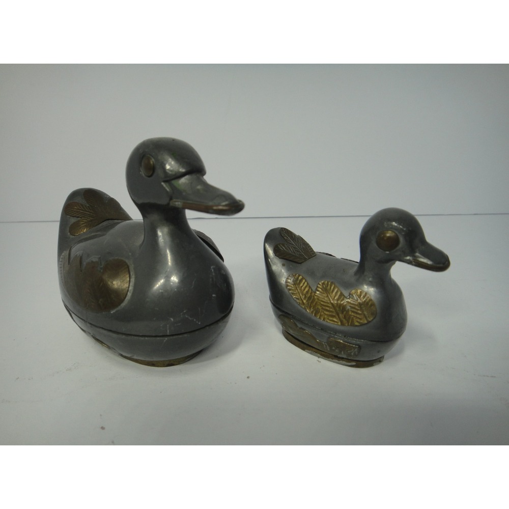 Vintage Handcrafted Pewter and Brass Duck Trinket Box Set of 2 Made in Hong Kong